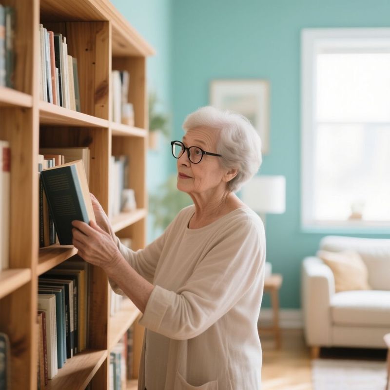Eine Frau mit Brille stellt ein Buch in ein Holzregal